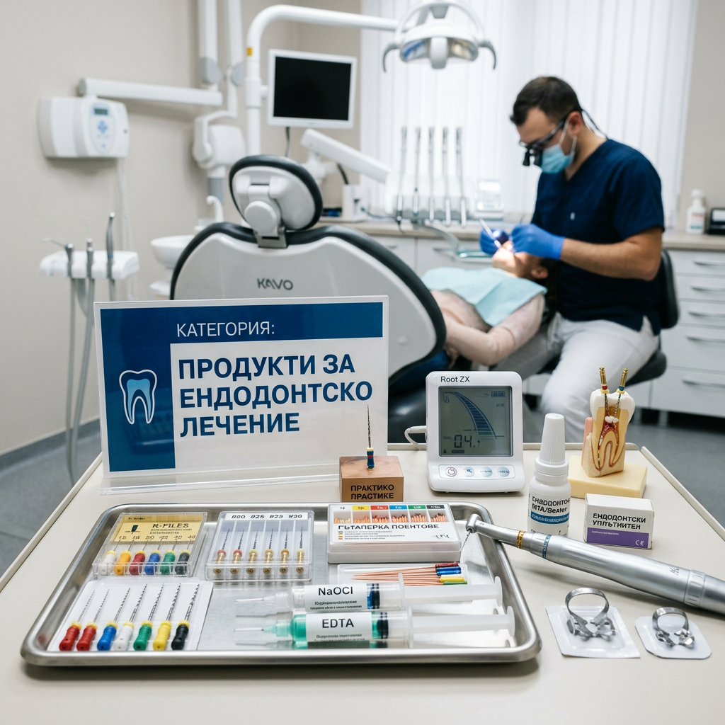 Sign reading “КАТЕГОРИЯ: ПРОДУКТИ ЗА ЕНДОДОНТСКО ЛЕЧЕНИЕ” beside endodontic instruments and dentist treating patient