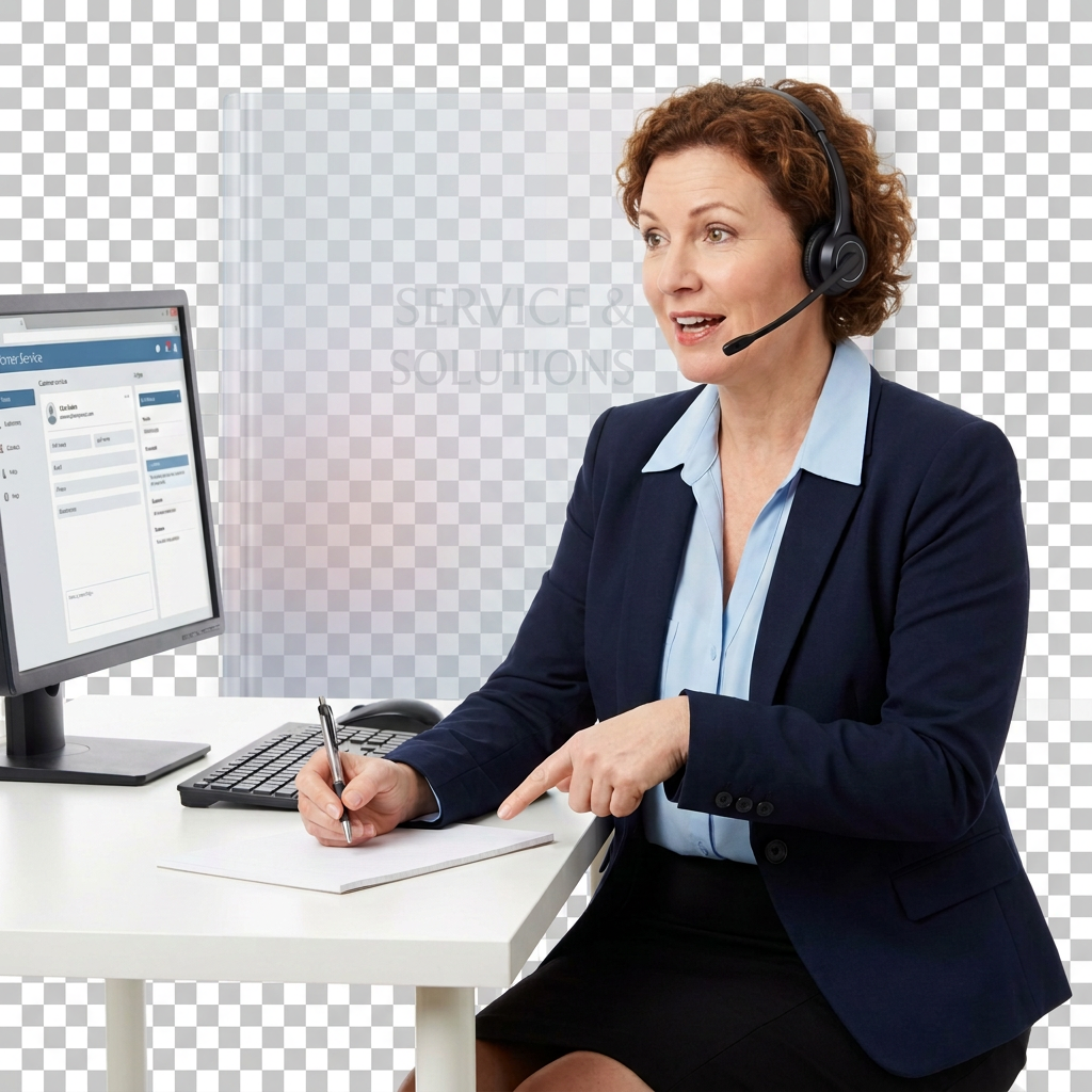 Customer service representative wearing a headset and taking notes at a computer